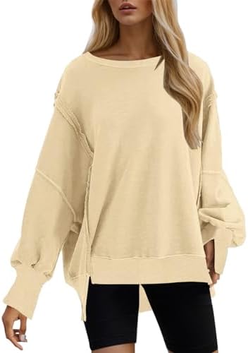 Womens Oversized Reverse Seam Sweatshirts Crewneck Long Sleeve Slit Pullover Tops Fall 2024 Teen Girl Preppy Clothes