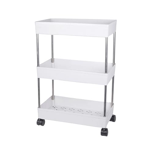 Image of AEXONIZ TOYS Plastic Kitchen Storage Trolley Rack with Wheels, Slide Out Rolling Utility Cart Storage Shelves, Space Saving Home Storage Organizer Racks (White, 3 Layer)