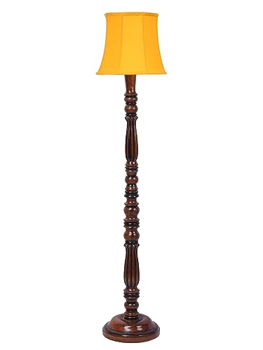 Image of Cylindrical Drum Floor Lamp with Wooden Base - Height 57 Inches, Yellow | Modern Standing Lamp for Home, Living Room, Bedroom & Office | Elegant Lighting Decor | Cotton