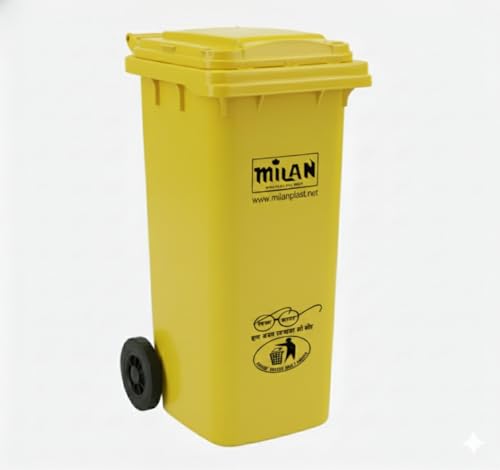 Image of Milan Plastic Manual-Lift Garbage Waste Dustbin with Wheels 120 Ltr Yellow