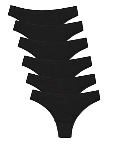 Channo Bragas Brasileñas de Algodón Lisas con Acabado Fino Que No Marca - Pack de 6, Negro, S/M