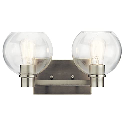Image of Kichler Harmony 2-Light Bathroom Vanity Light Fixture, 15.5 inch Steel Bath Light with Curved Arms and Sculpted Sockets in Olde Bronze for Damp Locations Over Mirror, 45887NI
