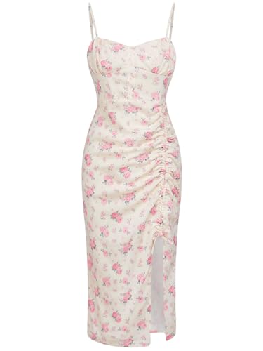 SHENHE Girl's Floral Split Thigh Ruched Spaghetti Strap Summer Cute Long Cami Dress