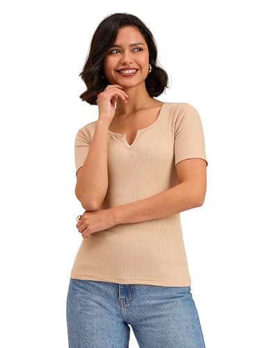 Image of barcino Beige Ribbed V-Neck Short Sleeves Top