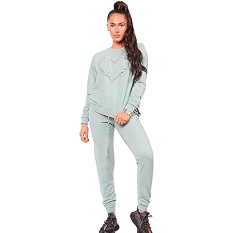 BESTITALIANUK Ladies Womens Long Sleeves Love Heart Print Studded Tracksuit Set Casual 2-Piece Lounge Wear (S/M UK(8-10), Mint) Cover