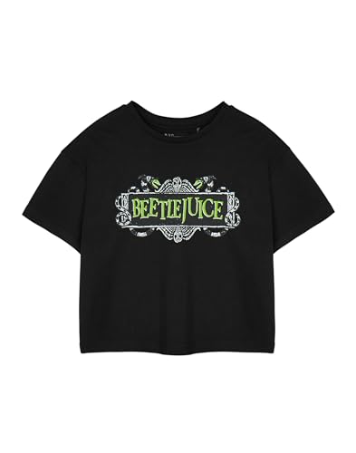 BEETLEJUICE Womens Graphic Tee | Black Crop Top T-Shirt | Short Sleeve Horror Movie Logo Shirt | Casual Everyday Wear | Crew Neck Pullover