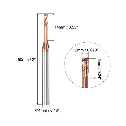 Image of uxcell Square Nose End Mill, 2mm Solid Carbide AlTiSin Coated Long Reach CNC Router Bits 2 Flutes Milling Cutter with Extended Neck, 14mm Cutting Length 4mm Shank