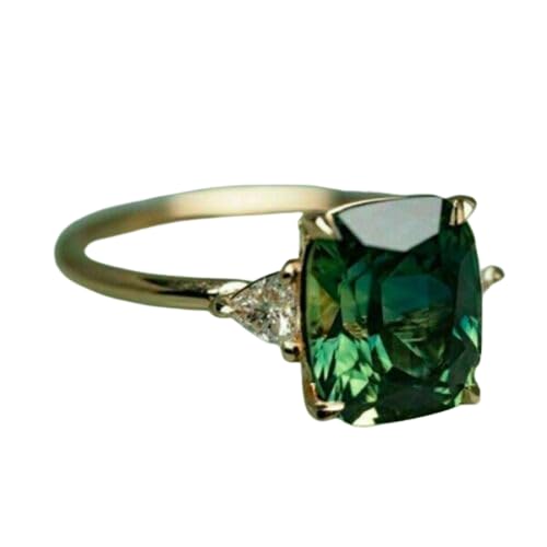 AARK & CO, 3.00Ct Cushion Cut Green Emerald Lab Created Diamond Solitaire Engagement Ring 14K Yellow Gold Finish, 925 Sterling Silver