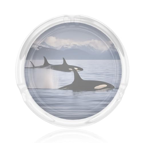 Cendrier rond en verre imprimé avec motif d'épaulards pour la maison, le bureau, la terrasse, la voiture, l'intérieur et l'extérieur