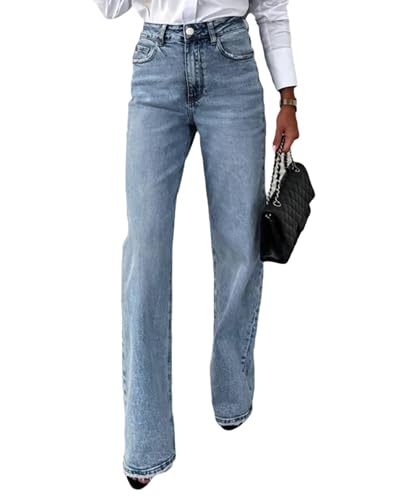 Women's Vintage High Waisted Stretchy Straight Leg Jeans Trendy Loose Washed Raw Hem Wide Leg Denim Pants