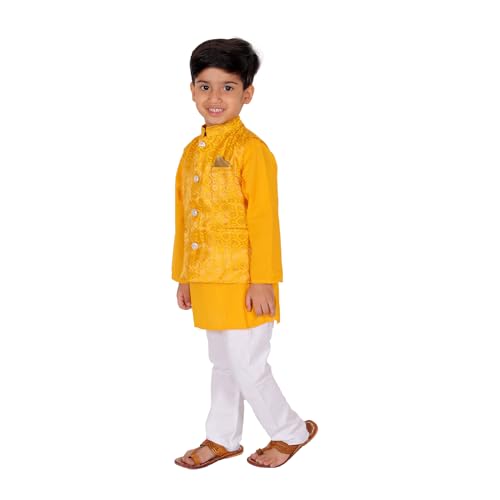 Image of Superminis Boy's Cottton Kurta Cotton Brocade Printed With Golden Thread Work Nehru Jacket and Elastic Closure Pyjama Set