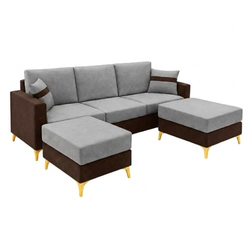 Image of Strike Dual Tone Plush 5 Seater L Shape Sofa Set with 2 Movable Ottomans | Flexible Layout | Silken Velvet Suede| Golden Metal Legs| for Living Room & Office Spaces (Dark Brown & Dark Grey)