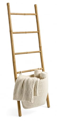 Bamboo Blanket Ladder with 2 Woven Storage Baskets, Handcrafted 55in Decorative Ladder for Blankets, Leaning Blanket Holder for Living Room, Towel Ladder for Bathroom & Quilt Display Rack