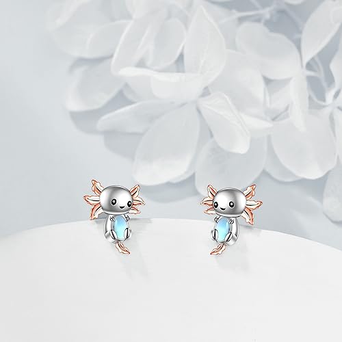 Axolotl/Cat/Owl/Elephant/Fox/Cow/Monkey/Frog Earrings for Women Sterling Silver Moonstone Cat's Eye Stone Aquamarine Turquoise Pearls Stud Earrings Jewelry Gifts for Women2