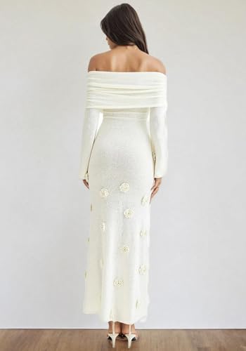 LETSVDO Women's Off The Shoulder Crochet Maxi Dress Long Sleeve Bodycon 3D Floral Knit Mesh Sweater Sexy Party Dresses3