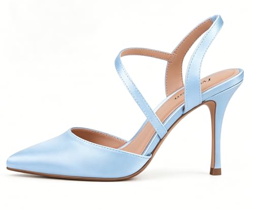 Image of Closed Toe Slingback Heels Wedding High Stiletto Heel for Women 3.3 Inch Ankle Strap Pointed Toe Pumps Prom Dress Bride Shoes for Dinner Party Sexy