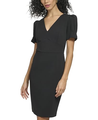 Image of DKNY Women's Short Ruched Sleeve Faux Wrap Midi Dress