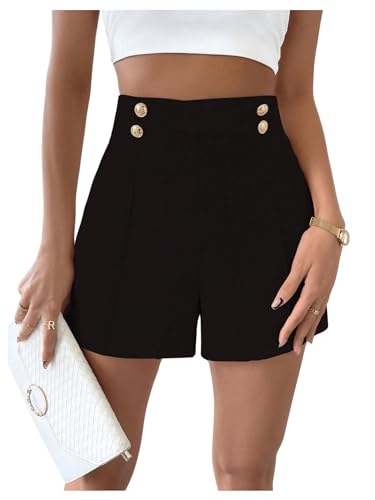 GORGLITTER Shorts Damen Sommer Elegant Short Mit Knöpfen Kurze Hose Büro Shorts Mit Weitem Bein Schwarz L