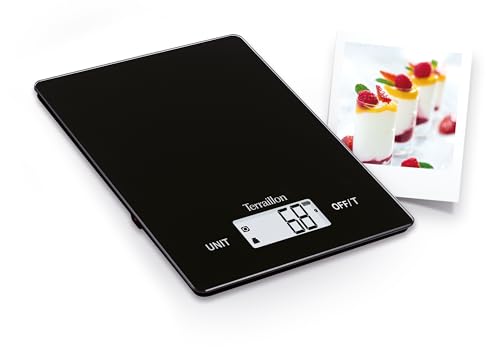 TERRAILLON - SMART USB C - Bilancia da cucina elettronica, ricaricabile tramite USB, schermo LCD retroilluminato, Auto ON, funzione tara e conversione liquida, capacità 5 Kg, gradazione 1 g - nero