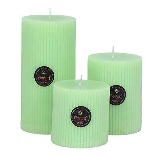 Image of Floryn Decor Premium Ribbed Lemon Grass Paraffin Wax Scented Pillar Candles, Full, 3x3, 3x4 & 3x6 inches, Set of 3