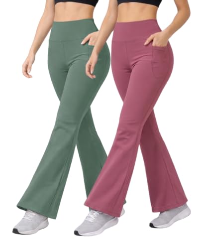 Image of Women's High Waist Bootcut Yoga Pants with Side Pockets | Flared Gym Leggings for Women | Stretchable Workout Bell Bottom Tights for Yoga, Gym, Running & Casual Wear Pack of 2