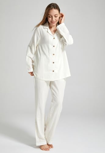 Image of Womens Muslin Pajama Set 100% Cotton Double Gauze Linen Like | Breathable Soft Comfort Button Up Loungewear Sleepwear PJ Set