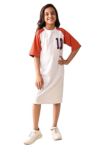 Image of LILPICKS Girls Colorblock Trapeze Drop Shoulder Dress (White Orange)