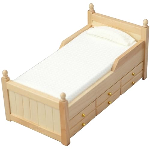 moin moin ミニチュア 家具 1/12 1:12 ドールハウス 収納 引き出し 可動 ベッド フレーム (敷布団 & 枕 付) シンプル 木製 ウッド ナチュラル ブラウン ホワイト 2311mini37