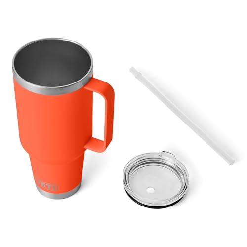 Image of YETI Rambler 42 oz Tumbler with Handle and Straw Lid, Travel Mug Water Tumbler, Vacuum Insulated Cup with Handle, Stainless Steel, Papaya