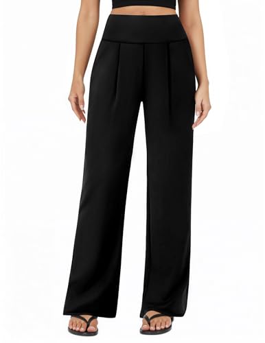 FireSwan Wide Leg Yoga Pants for Women Work Palazzo Pants with Pockets Casual Lounge Dress Trousers Black