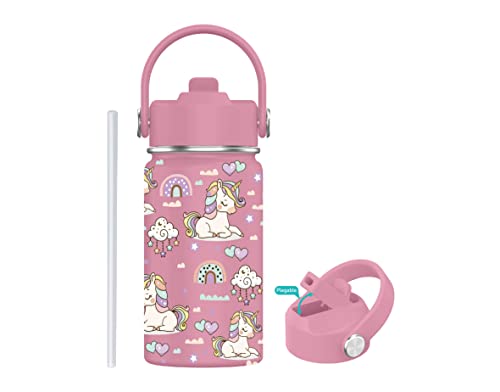Botella de Agua para Niños de Acero Inoxidable 350ml - Botella Térmica Reutilizable | Sin BPA | Mantiene 24H Frio / 12H Calor | Termo y Hermética - Doble Pared a Prueba de Fugas (Unicornio Rosa)