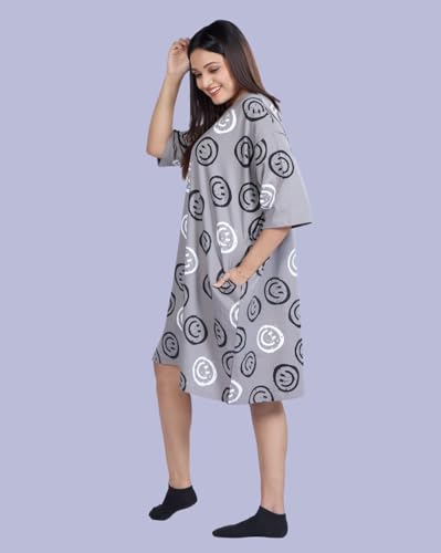 Image of LAMA STORE Women's Printed Oversized T-Shirt Dress, Cotton, 3 /4 Sleeve Length, Casual Loose Fit, Comfort Wear Extra Comfy Oversized Printed Pocket T-Shirt Dress