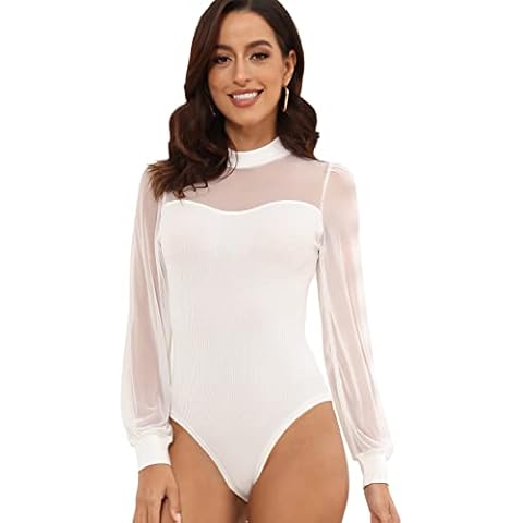 BUENOS NINOS Women's Bodysuit with Sleeves, Mesh Upper Body Suits for Womens,Girls, Perfect for Parties, Dates White XL Cover