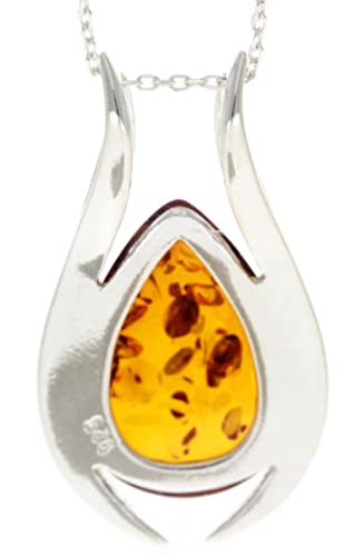 UK - 925 Sterling Silver & Genuine Baltic Amber Large Modern Pendant - GL213V3