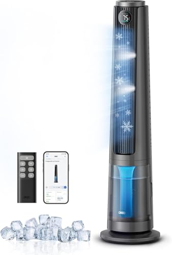 Image of DREO TurboCool Misting Fan 765S, 10F Cooling, 34ft /s Fast Standing Fan, Tower Fans that Blow Cold Air, 20 dB Quiet DC Motor, 6L Tank, 90 Smart Oscillating Fan with 12 Speeds, 4 Modes for Home, Grey