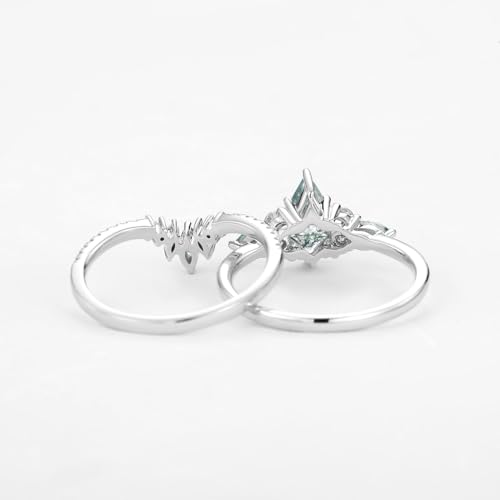 1.5 Carat Moss Agate Wedding Ring Set for Women - Kite Cut Moss Agate Bridal Sets Wedding Rings White Yellow Rose 10K 14K 18K Gold Vintage Promise Anniversary Ring Set4