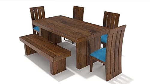 Image of Custom Decor Sheesham Wood Dining Set for Living Room | with Four Chair and One Bench | Honey Finish 6 Seater Foster with Bench SkyBlue