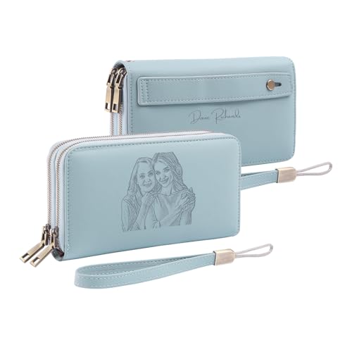 Personalized RFID Wallets for Women – Custom Name & Photo Leather Clutch, Double Zipper Large Capacity Wristlet, Mothers Day Wallet Gift for Mom Wife (BLUE)