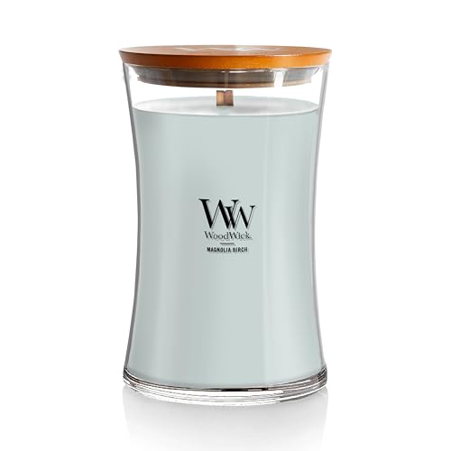 WoodWick Magnolia Birch Holiday Candle Gifts for Women and Men, 21.5 oz Large Hourglass Candle with Crackling Wick
