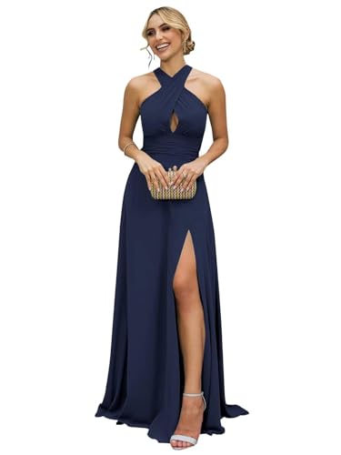 Lindo Novia Chiffon Bridesmaid Dresses for Women Halter Keyhole A-Line Formal Evening Gown for Wedding Guest with Slit