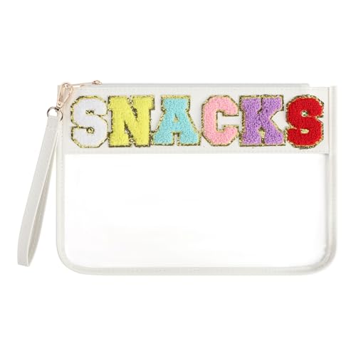 Narsikar Clear Snack Bag for Travel Chenille Letter Clear Zipper Snacks Pouch Nylon Cosmetic Bag Makeup Travel Bag for Women (White)