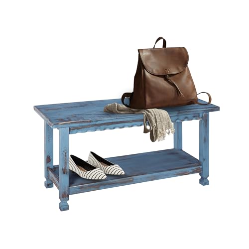 Alaterre Furniture Rustic Cottage Bench with 1 Shelf, Blue Antique, Solid Wood, Perfect for Accent & Occasional Furniture, Farmhouse Barn Style with Natural Finish