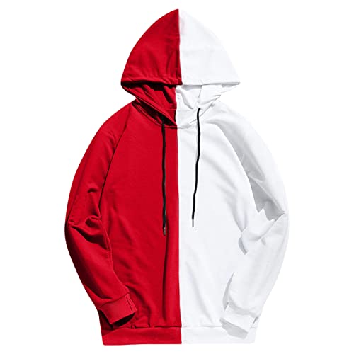 Men's Casual Colorblock Pullover Hoodies Long Sleeve Athletic Hooded Top Sports Hip Hop Drawstring Sweatshirt (Red,XX-Large)