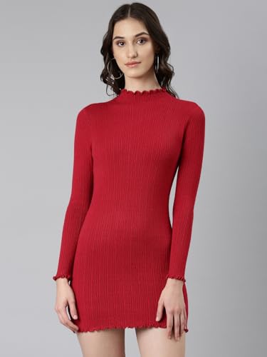 Image of SHOWOFFFF Women Solid Bodycon Casual Dress | High Neck Half Sleeves Knitted Dress for Womens | Above Knee Dress for Women's
