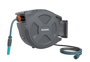 Aurexis Schlauchaufroller mit Wasserschlauch, 1/2 Zoll, 25m Länge, UV-beständig, 8 bar Maximaldruck, Wandmontage, Automatischer Rückzug