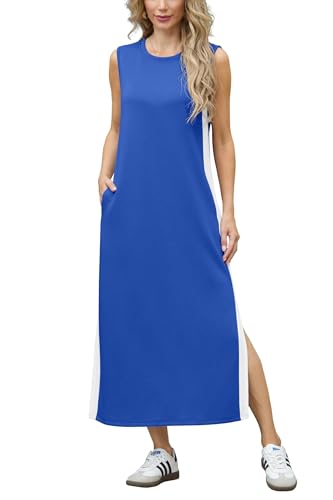 GRECERELLE Womens Summer Casual Round Neck Sleeveless Loose Shift Split Maxi Dress with Pockets, Royal Blue White, Medium
