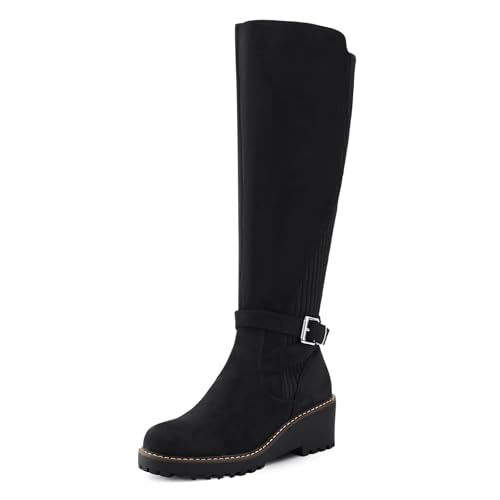 PODAIK Women's Knee High Boots Tall Fall Wedges Round Toe Comfortable Size Zip with Fashion Buckles Platform Shoes for Women(8.5,Black)