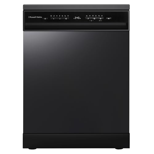 Russell Hobbs Freestanding Dishwasher Class C 14 Place Settings 8 Wash Programs 24-Hour Delay Start Auto Door Open Height Adjustable Basket and Flexible Cutlery Tray in Black RH60DW10C1B