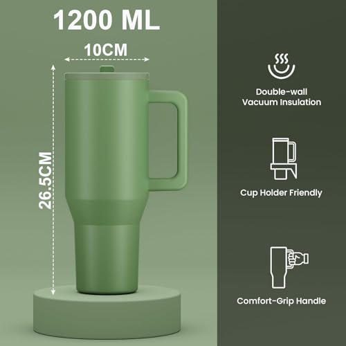Image of House of Quirk 1200ML Tumbler with Handle & Simple Flip Straw - Car Cup Holder Friendly, Leak Resistant Stainless Steel Water Bottle with Rubber Base (Avocado)