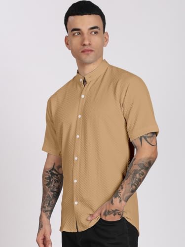 Image of Men's Regular Fit Solid Casual Shirt - Short Sleeve, Mandarin Collar, Lightweight Polyester, Stylish Everyday Wear